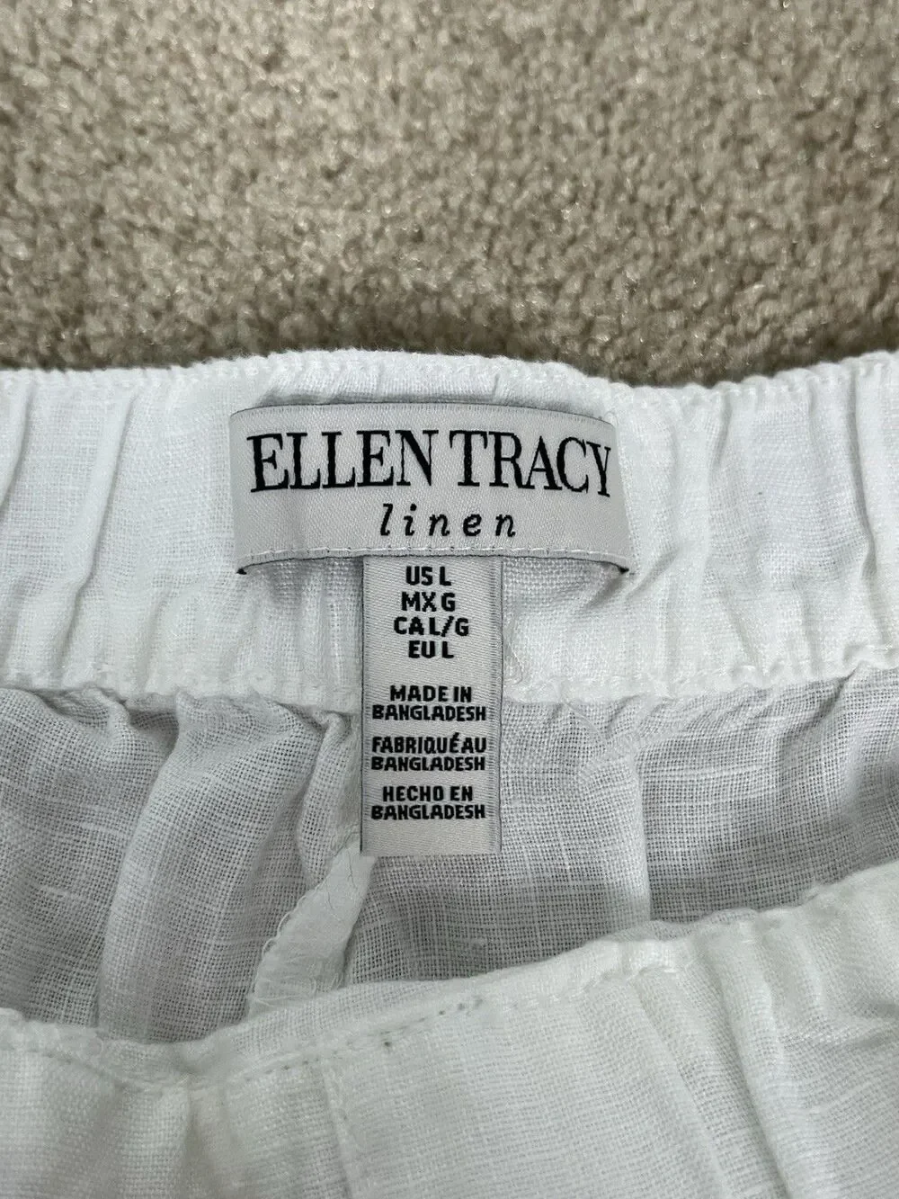 NWT Ellen Tracy White Linen Shorts L Elastic Drawstring Cuffed Beach Resort Boho
